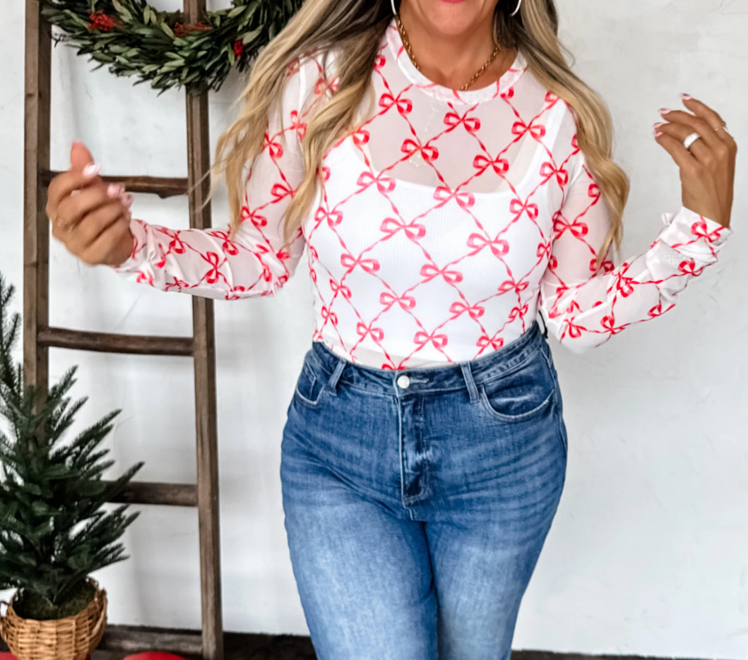 Red Bows CHRISTMAS DRESS IT UP MESH TOPS
