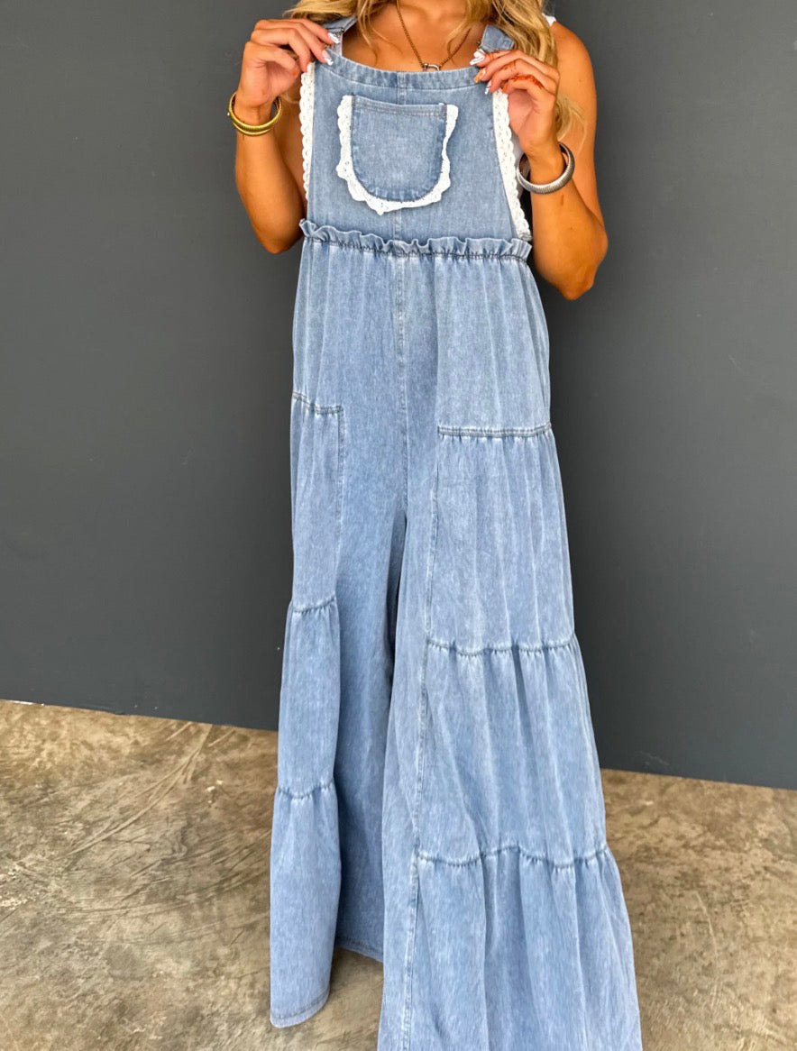 24HR PRE-ORDER ONLY Denim Overalls W/Lace (arrive April 13-16)