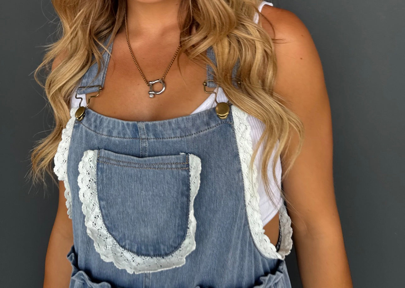 24HR PRE-ORDER ONLY Denim Overalls W/Lace (arrive April 13-16)